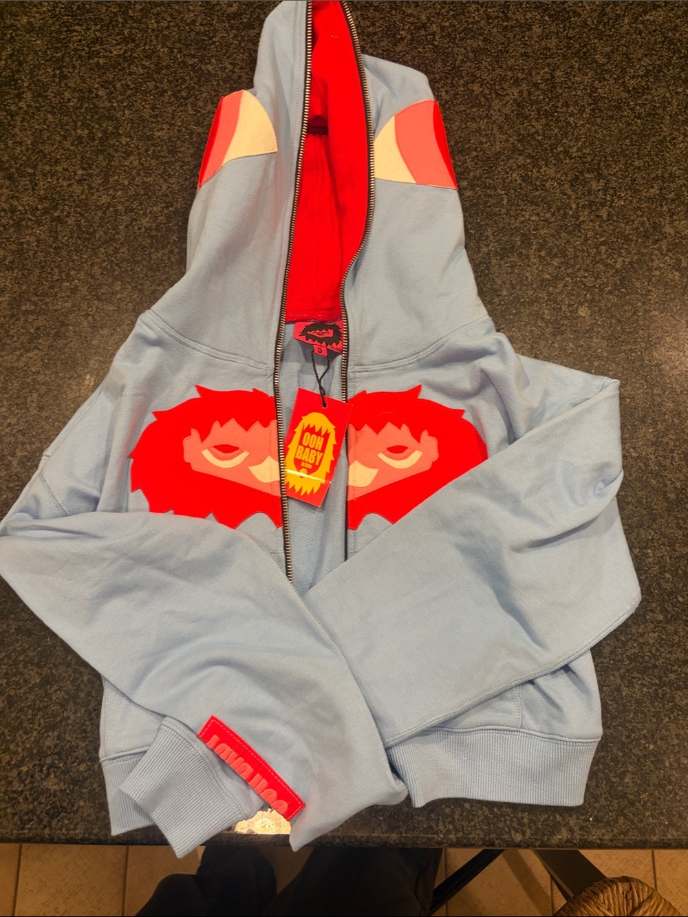 Kids Light Blue Zip-Up Hoodie with Red Monster Design